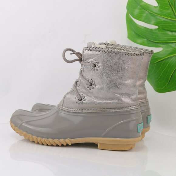 Jack Rogers Womens Hayley Duck Boot Size 8 Gray Silver Lace-Up Rubber Leather - Picture 9 of 12